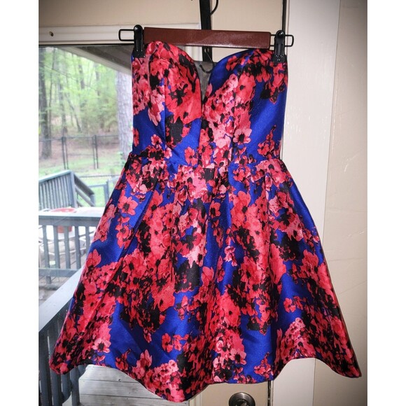 B. Darlin Strapless Sweetheart Bustier Party Dress Blue Red floral black lace XS - Picture 15 of 16